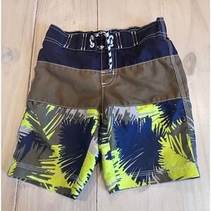 Gymboree Boys Swim Trunks Size XS 4 Navy Blue Green Neon Tropical Board Shorts